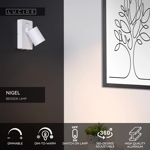 Lucide NIGEL - Bedside lamp / Wall light - LED Dim to warm - GU10 - 1x5W 2200K/3000K - With USB charging point - White - USP